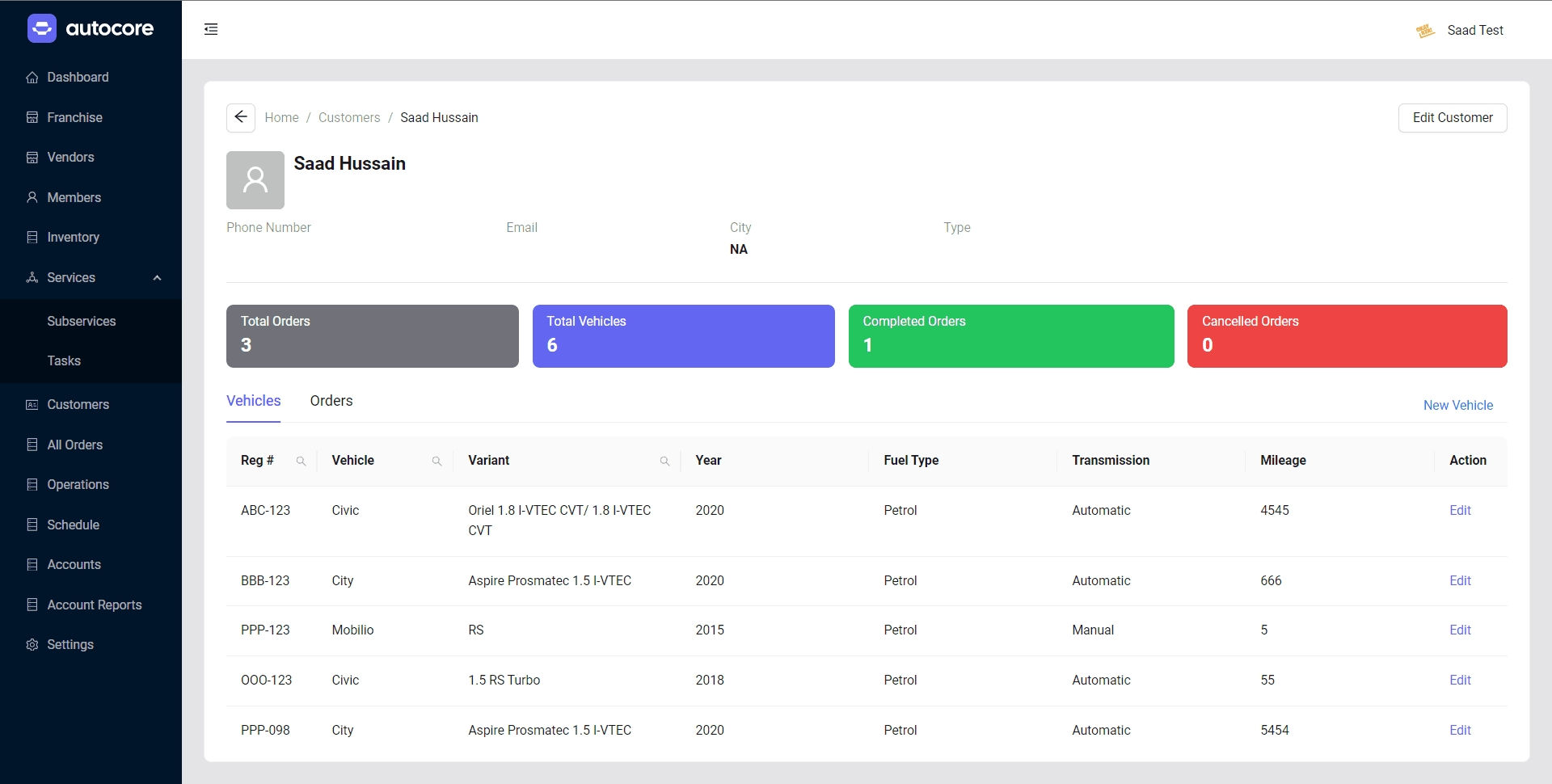 autocore.io — Customer profile and vehicles