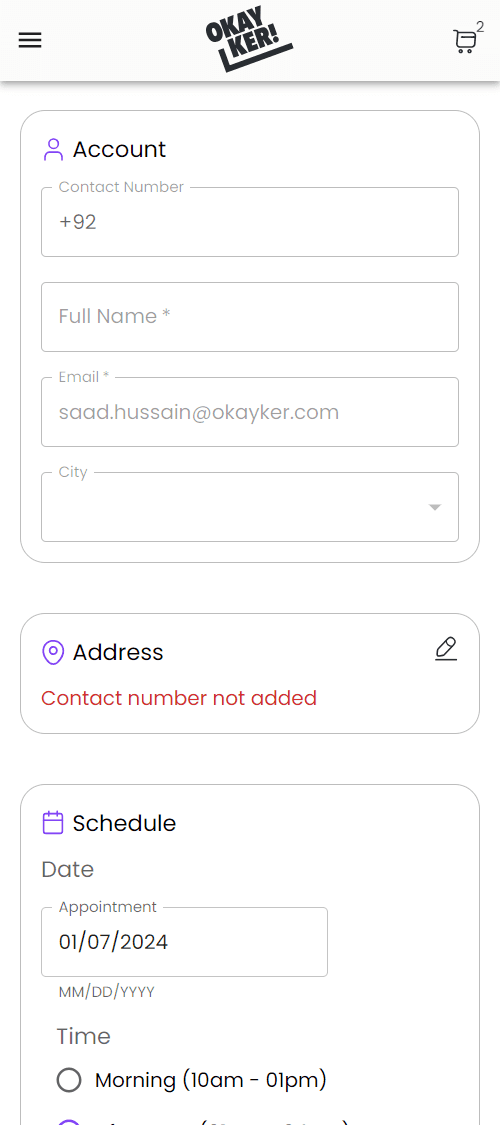 OkayKer Customer App — Checkout on mobile