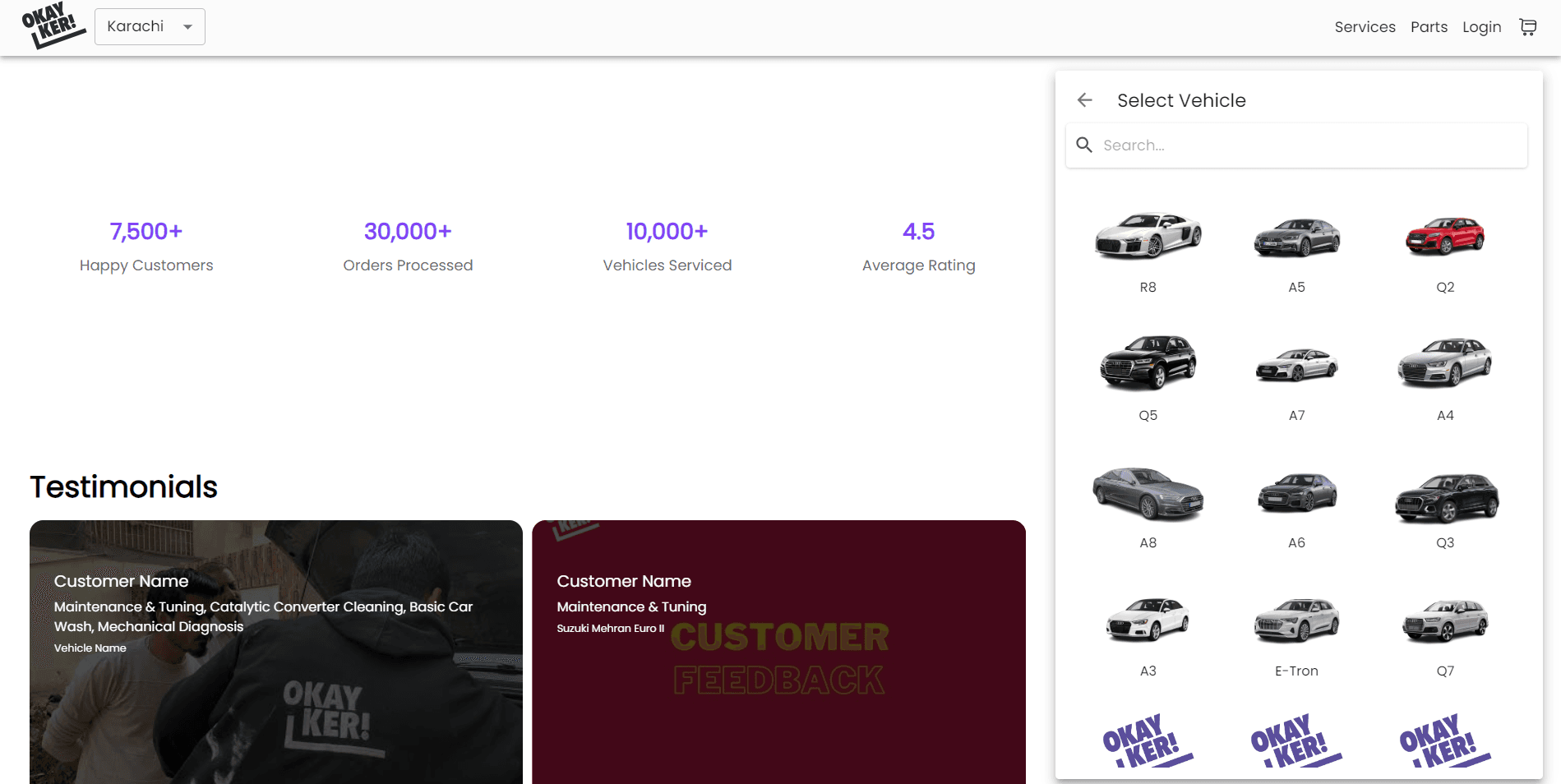 OkayKer Customer App — Vehicle selection