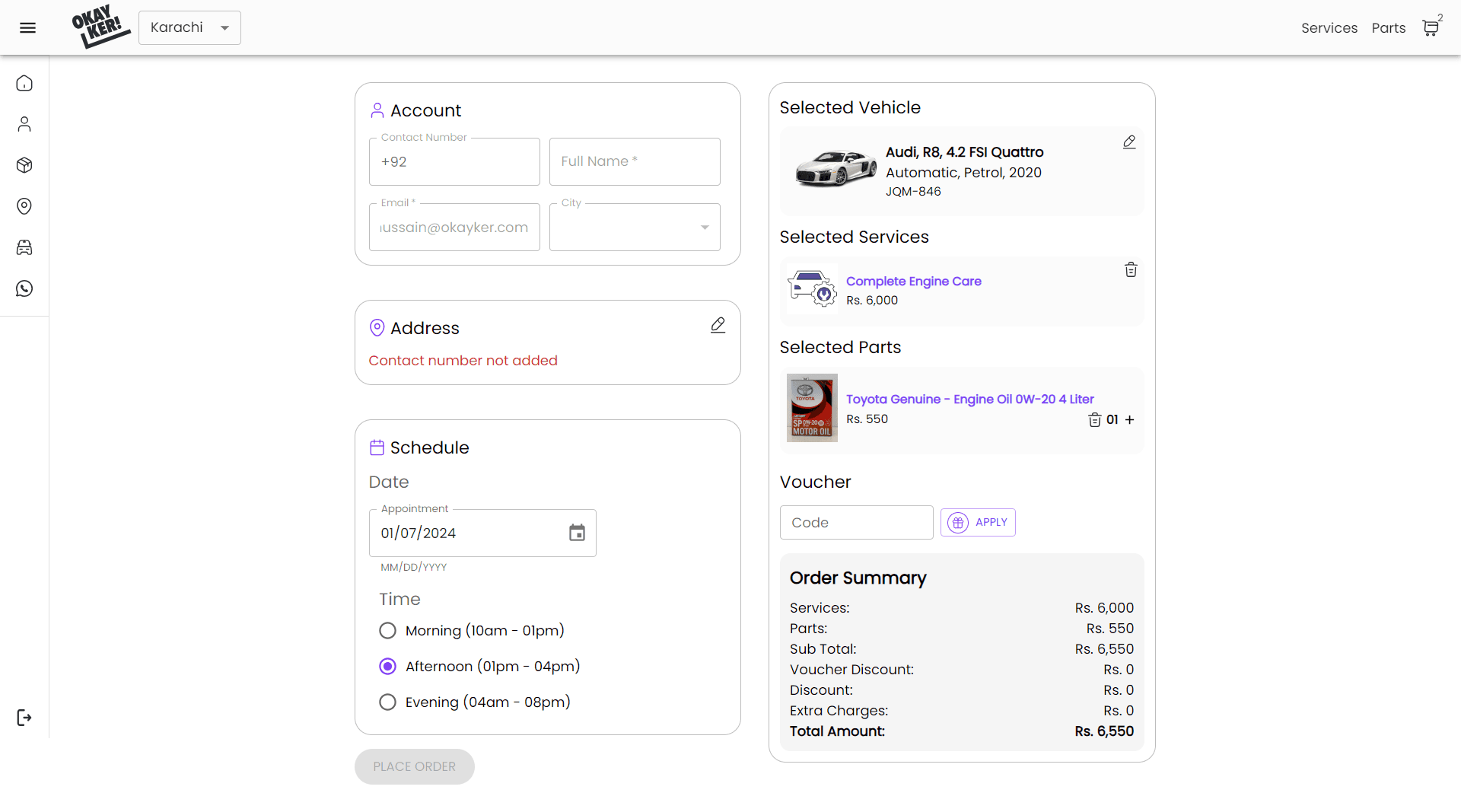 OkayKer Customer App — Checkout and scheduling